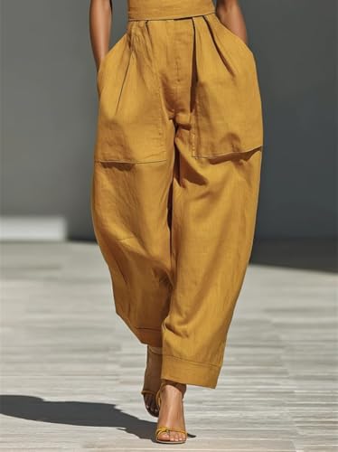 Enterizo de mezcla de lino amarillo mostaza para mujer casual 6