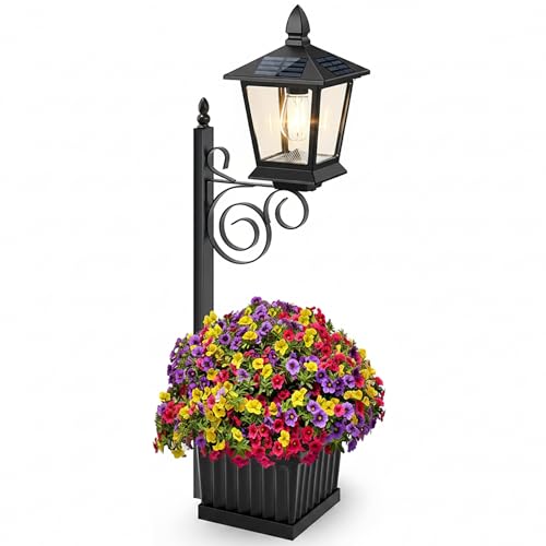 Poste de lámpara solar 2 en 1 con macetero negro impermeable IP65 para jardín 2