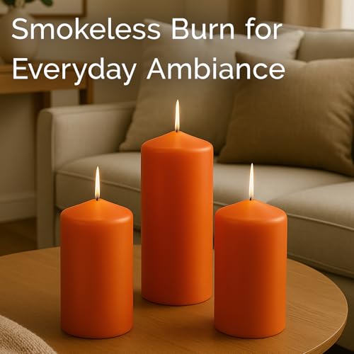 Image of Stonebriar Unscented Pillar Candles - 80 Hour Burn Time, Long-Lasting Wax Candles for Weddings, Holidays, Home Decor & Special Events, Pack of 6, Orange, 3 inch x 8 inch