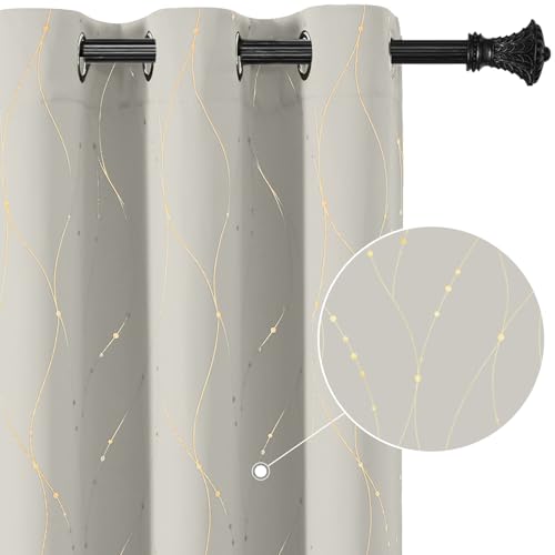 BUHUA Blackout Curtains 84 Inches Long, Gold Foil Print Wave