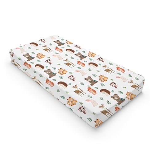 Image of Cartoon Woodland Animals Leaves Changing Pad Cover Cute Bear Raccoon Squirrel Deer Rabbit Hedgehog Owl Change Table Cover for Boys Girls Soft Stretch Fitted Diaper Changing Mat Sheets 32''x16''