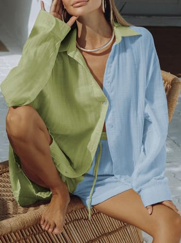 Image of Fixmatti Women 2 Piece Outfits Long Sleeve Button Down Blouse and Shorts Sweatsuit Sets