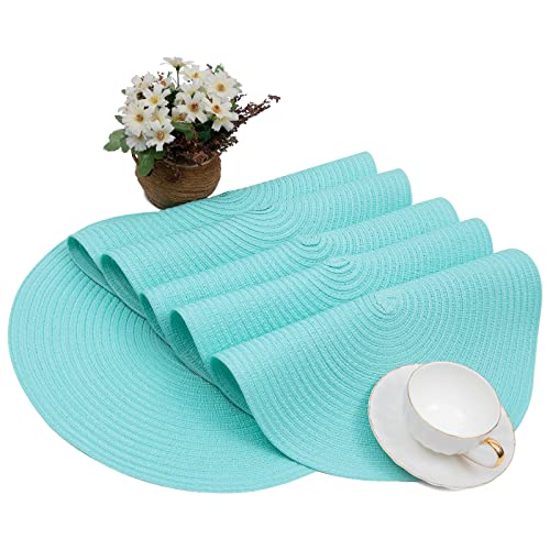 Image of SHACOS Round Placemats Set of 6 Washable 15 inch Round Table Mats Cotton Polyester Woven Braided Place Mats for Dining Table (Aqua, 6)