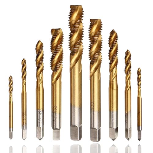 HaoTrade 9Pcs Titanium Spiral Flute Tap Set, HSS Thread Spiral Flute Metric Taps Set, Screw Tapping Bit Tool M2 M2.5 M3 M4 M5 M6 M8 M10 M12
