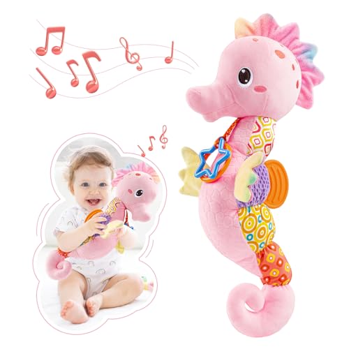 Image of AWOTOY Baby Toys 0 to 12 Months, Musical Stuffed Animal Activity Soft Toys with Multi-Sensory Crinkle, Rattle and Textures,Infant Tummy Time Toys for Newborn Girls, Seahorse, Pink