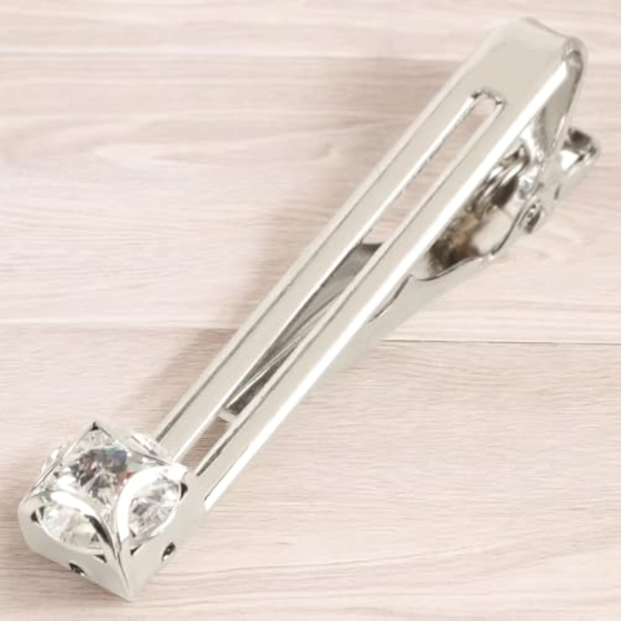 Men's Silver Tie Pin Clip with Diamond Crystal in Gift Box