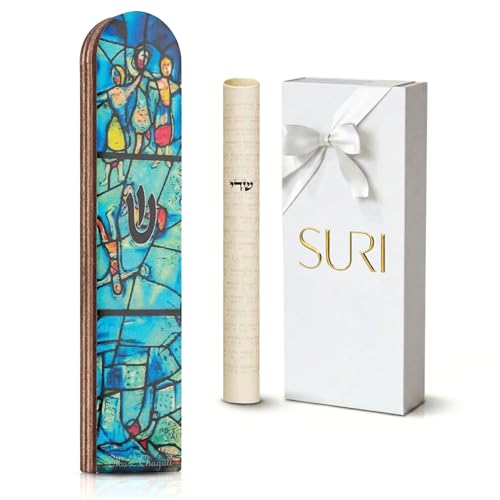 SURI Wooden Mezuzah for Door – 5 Inch Contemporary Turquoise Chagall-Inspired Mezuzzah Case with Printed Scroll, Self-Stick Adhesive, Fits a 4 Inch Scroll, Gift Box Include