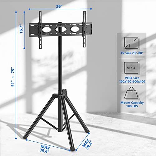 Portable Tv Tripod Stand Tilt Mount For 32-80 Inch Led Lcd Oled Flat Screen Tvs/Monitors, Height Adjustable Foldable Mount Stand, Black Floor Display Stand With Max Vesa 600X400Mm #TOP2