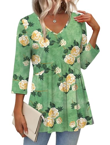 Image of OFEEFAN 3 /4 Length Sleeve Womens Tops 2026 Blouses for Women Dressy Casual Fashion Clothing V Neck Babydoll Tops Fall Outfits