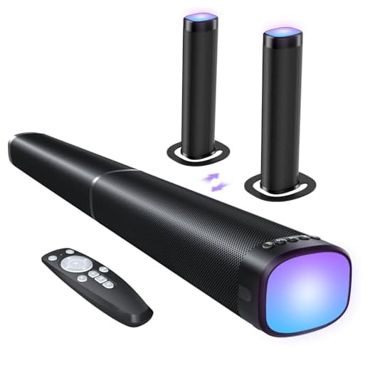 FHNFHN Sound Bar for Smart TV, 100W Sound Bar with 3 Dynamic RGB Lights,Bluetooth 5.3, ARC/Opt/AUX Connect, Dynamic Volume 3 Equalizer Modes,2 in 1 Detachable Soundbar for TV/PC/Gaming/Projectors