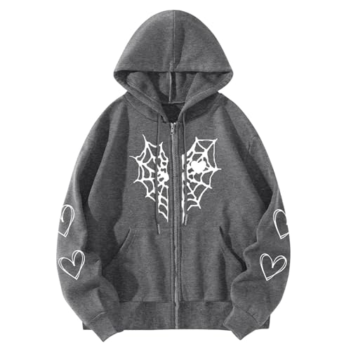 Image of Hoodies for Women Uk Hoodie Women Y2k Heart Print Gothic Long Sleeve Hoodlies Zipper Thermal Hoodie With Pocket Coat Hoodies for Oversized Oversized Crop Sweatshirt Dark Gray