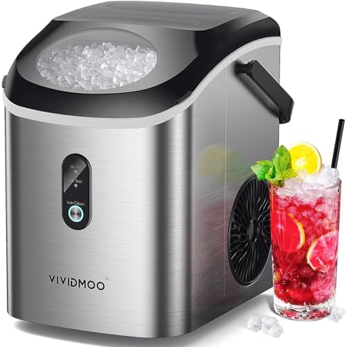 VIVIDMOO Nugget Ice Maker Countertop, 34lbs/24H Pebble Ice Machine, Self-Cleaning Sonic Ice Maker with Basket & Scoop, Compact Pellet Ice Maker for Home/Office/Kitchen/RV/Party, Stainless Steel : Appliances