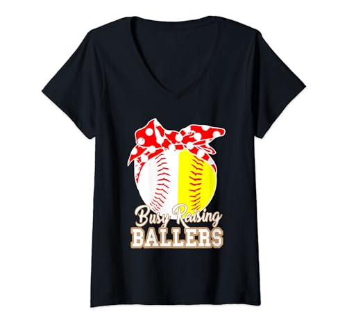 Busy Raising Ballers Softball Baseball Tee béisbol mamá Camiseta Cuello V
