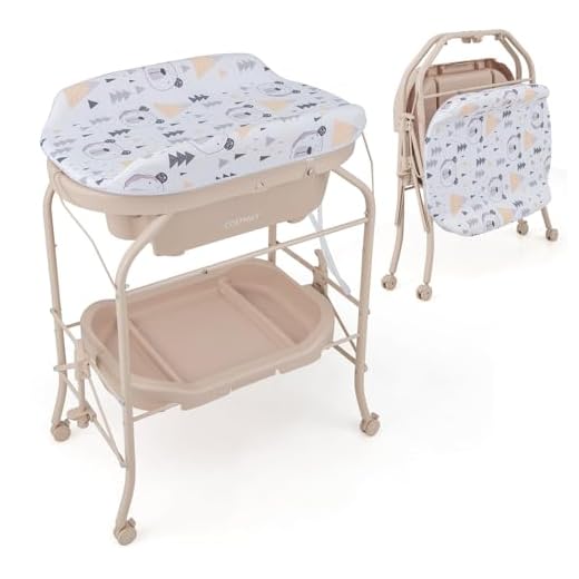 COSTWAY 4 in 1 Wickeltisch mit Badewanne, tragbare Wickelkommode mit PVC-Auflage & Abflussrohre, mobile Wickelstation klappbar mit Universalrädern für 0-12 Monate Baby, bis 35 kg belastbar (Beige)