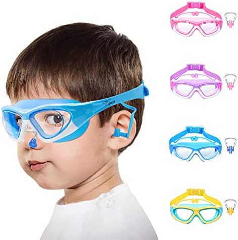 Vvinca Kids Swim Goggles, Wide View Anti-Fog Quick Adjustable Strap Swim Mask with Ear Clip Nose Clip for Child Swimming Lesson, No Leaking Water Pool Glasses for Toddlers Girls Boys Age 3-12 (Blue)