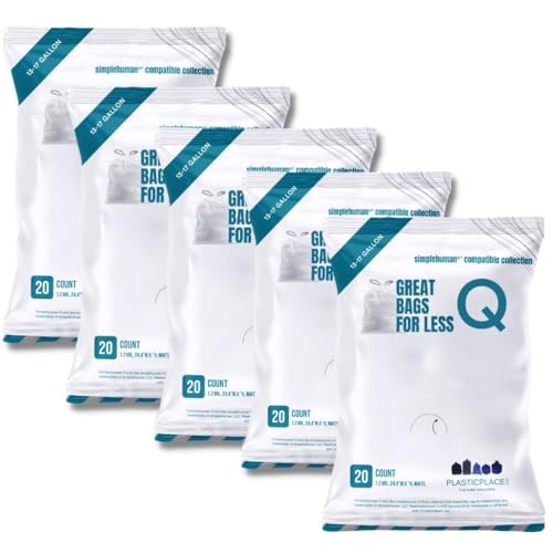 Plasticplace Rubbish Bags, Compatible with simplehuman Code Q Packs, White Drawstring Rubbish Liners,13-17 Gallon, 25 x 32.5 (20 Count/5 Pack)
