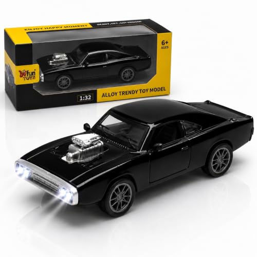 Image of 1970 Dodge Charger Fast & Furious - 1:36 Scale Die-Cast Alloy Toy Car for Kids | Pull-Back Model with Openable Doors, LED Lights & Engine Sounds (Black)