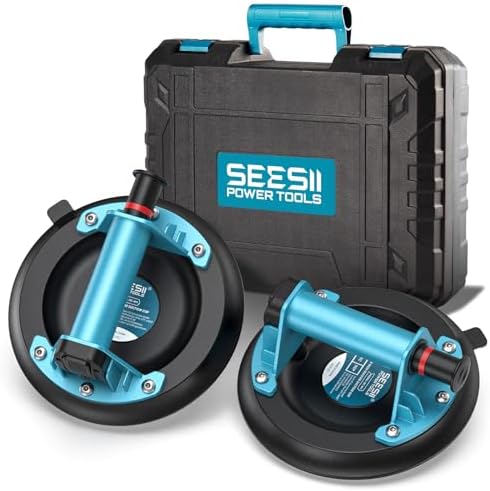 SEESII Vakuum Saugheber Fliesen, 2er-Set 8" Glassauger Tragkraft Max.200KG, Fliesenheber für Glas, Marmor, Laminat & Terrassenplatten, Vakuumheber Glasheber mit Tragbarer Werkzeugk