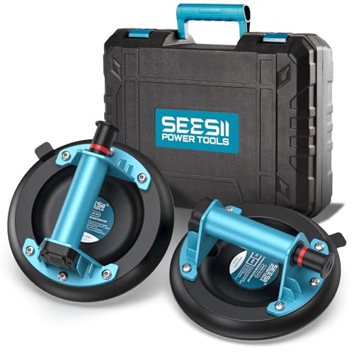 SEESII Vakuum Saugheber Fliesen, 2er-Set 8\ Glassauger Tragkraft Max.200KG, Fliesenheber für Glas, Marmor, Laminat & Terrassenplatten, Vakuumheber Glasheber mit Tragbarer Werkzeugkasten