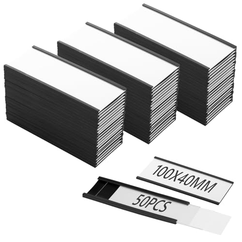 Image of SENENQU 50 Pack 100 x 40mm Magnetic Label Holder, C Channel Magnetic Price Tags with Paper Inserts & Plastic Protectors, Magnetic Name Holder for White Board Metal Cabinet Drawer Shelves