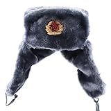 Russian Ushanka Soviet Winter Hat – Authentic USSR Military Style Hat with Ear Flaps – Warm Faux Fur Aviator Cap for Cold Weather with Removable Emblem - Vintage Russian Army Ushanka, Size L