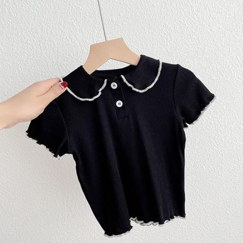 Girls Lettuce Trim Ribbed Collar Shirt Short Sleeved Crewneck Lapel T Shirt Toddler Kids Casual Blouse Tee Tops2