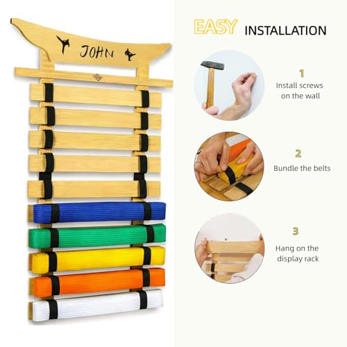 HXRROO 10Belts Taekwondo Belt Display, Rack with Stickers, Martial Arts Belt Display Holder, Karate Belt Jiu Jitsu Belt BJJ Belt Display Hanging Holder for Kids and Adults Gifts