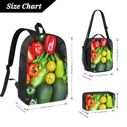 fresh vegetables fruits print Shoulder Bookbags Lunch Bag and Pen Case 17 inches Backpack with Lunch Box, Cute Bookbag Set4