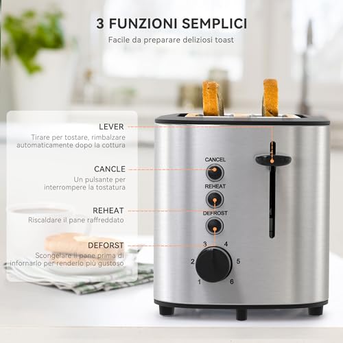 KitchenBoss Tostapane 2 Fette：Toaster 6 Livelli di Tostatura, Toaster Acciaio Inox 870W, Tostapane con Cassetto Raccoglibriciole e Griglia per il Pane, Funzione di Spegnimento Auto e Sbrinamento - Immagine 1