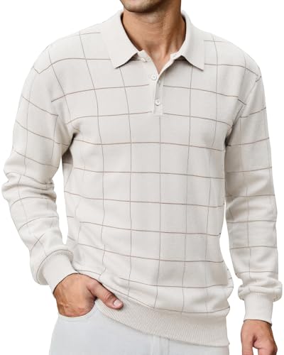 Mens Sweater Vintage Plaid Knit Polo Sweater Long Sleeve Ribbed Stitching Winter Warm Sweater White Apricot XL