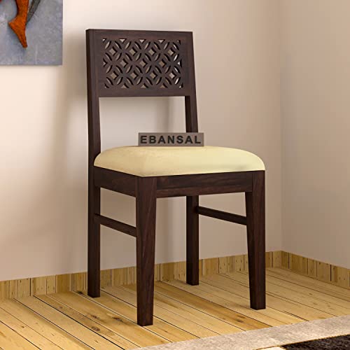 Image of CNC Wooden Dining Chairs Set of 2 for Kitchen & Dining Room, Chairs with Cushion, Two Seats, Solid Sheesham Wood, Walnut Finish