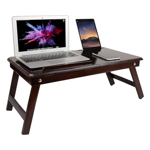 Image of WOOYNEX Wooden Laptop Table Standard Adjustable Study Table with Laptop, Portable Lap Desk, Multifunctional Bed Table with Drawer and Folding Legs (Brown)