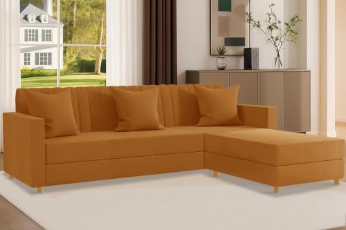 Image of Rosebell 3 + 1 Wooden 4 Seater - L Shape Convertible Sofa Set for Living Room Furniture, Modular Sectional Couch for Small Space, Upholstery-Velvet Fabric - Golden