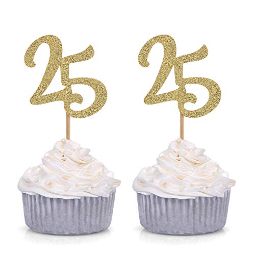 Set Of 24 Gold Glitter Number 25 Cupcake Toppers 25Th Birthday Celebrating Handcrafted Party Decors #TOP29