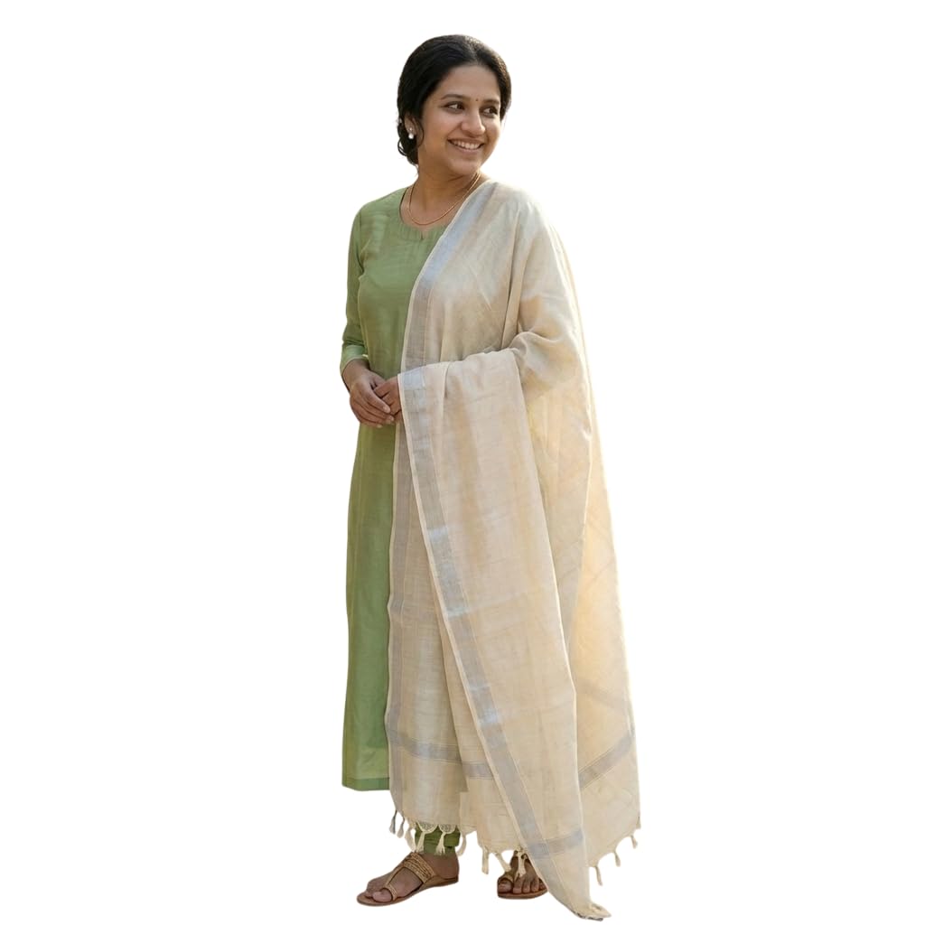 White Cotton Linen Blend Dupatta, 230cm Length, Silver Border, Handloom, for Women-image-42