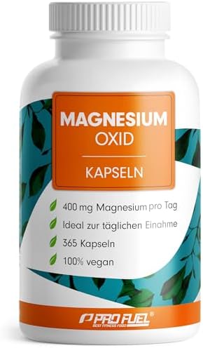Magnesium Kapseln 365x (1 Jahr) - 668 mg Mag.-Oxid, davon 400 mg elementares Magnesium pro Kapsel - sehr hoher Mag.-Gehalt (60%) - optimal hochdosiert - Laborgeprüft mit Zertifikat
