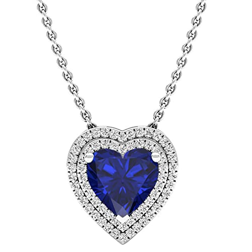 Dazzlingrock Collection 8 Mm Heart Lab Created Blue Sapphire & 0.25 Ctw Round Diamond Heart Double Halo Pendant For Ladies With 18 Inch Silver Chain In 10K White Gold #TOP5