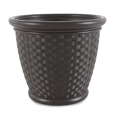 Suncast Sonora 18 Inch Lightweight Durable Plastic Wicker Decorative Flower Planter Pot for Yard, Garden, Indoor or Outdoor Use, Brown