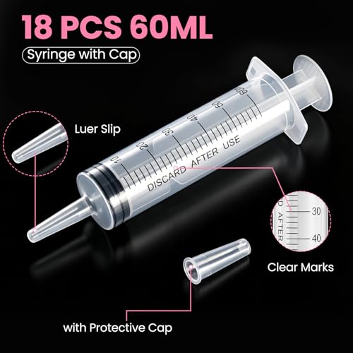 Image of 18 PCS 60ml Oral Syringe With Cap, Plastic Syringes without Needle for Medicine Dropper, Feeding Pets, Liquid Measuring, Handicrafts, Individually Sealed, Luer Slip