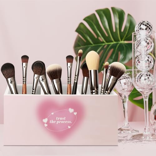 Image of Preppy Pink Heart Aura Inspirational Wooden Pen Pencil Holder for Office Desk Accessories, Trust the Process Spiritual Positive Makeup Brush Toothbrush Holder Organizer