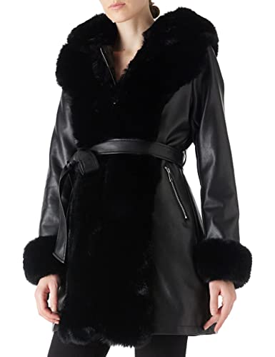 RISISSIDA Luxurious Fur Lined Leather Jacket Women Winter Coat with Hooded Long Fur Collar, Thick Warm Heavy Overcoat Belted