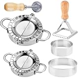 6 PCS Ravioli Dumpling Former Set, GOMETY Edelstahl Teigtaschenformer mit Ravioli Ausstecher und Teigrädchen, Knödelmaschine mit Holzgriff für Dumpling Ravioli machen