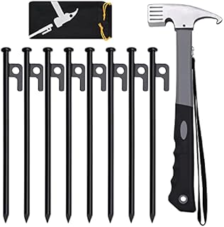 Tent Stakes and Hammer Set, 8/16pcs 10in Heavy Duty Forged Steel Tent Stakes + 12in Heavy Duty Camping Hammer + Storage Pouch, Available in Rocky Place Dessert Snowfield and Grassland