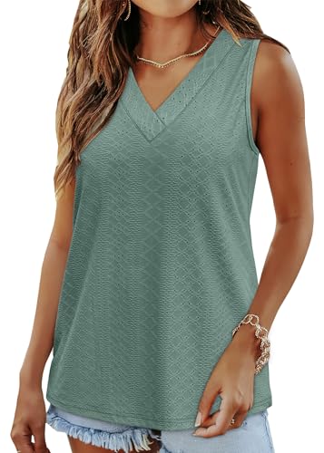 WIHOLL Tank Top for Women Summer Outfits V Neck T Shirts Trendy Eyelet Sleeveless Basic Beach Vacation Clothes2