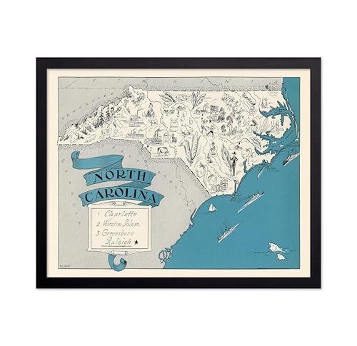 Poster Master Vintage Map Poster - Retro North Carolina Map Print - North Carolina State Map Art - Gift for Teacher, Student, Travel Lover - Decor for Classroom, Office, Dorm, 16x20 Black Framed