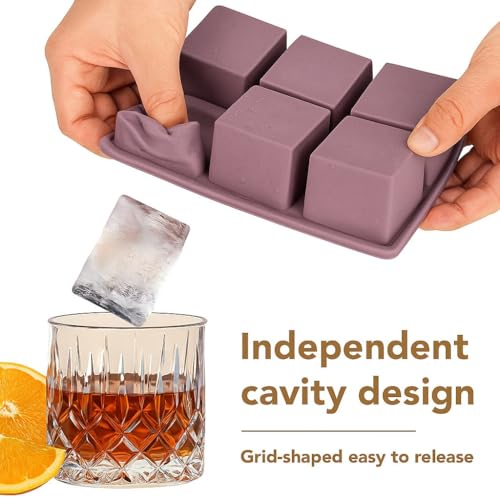 Image of 2PECK Silicone Ice Cube Tray with Lid, Large 6-Cavity Square Ice Cube Moulds for Freezer, Easy Release & Stackable Ice Trays for Whiskey, Cocktails, Coffee & Home Bar. (Light PURPEL)