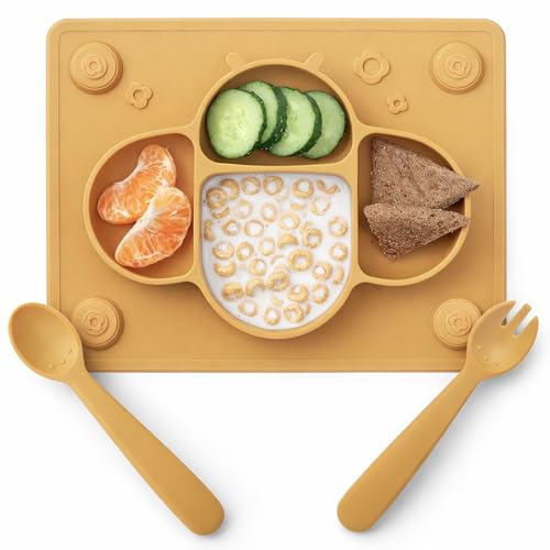 Image of ROCCED Suction Plates for Baby Placemat Spoon Fork Set for Toddlers, Silicone Baby Plates with Suction Baby Dishes for Kids Plates-mustard