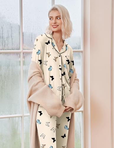 Image of Ekouaer Women's Sleepwear Winter Long Sleeve Button Down Pajama Shirts with Long Pants 2 Piece Pjs Set,Apricot Butterfly,S