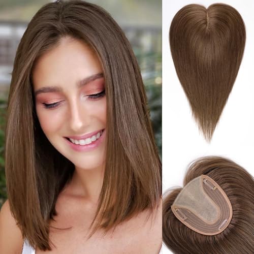 HAIRCUBE Hair Toppers for Women Real Human Hair No Bangs 5 * 5.5 inch Base 14 inch Medium Brown Human HairTopper for Women with ThinningHair Cover Gray Roots