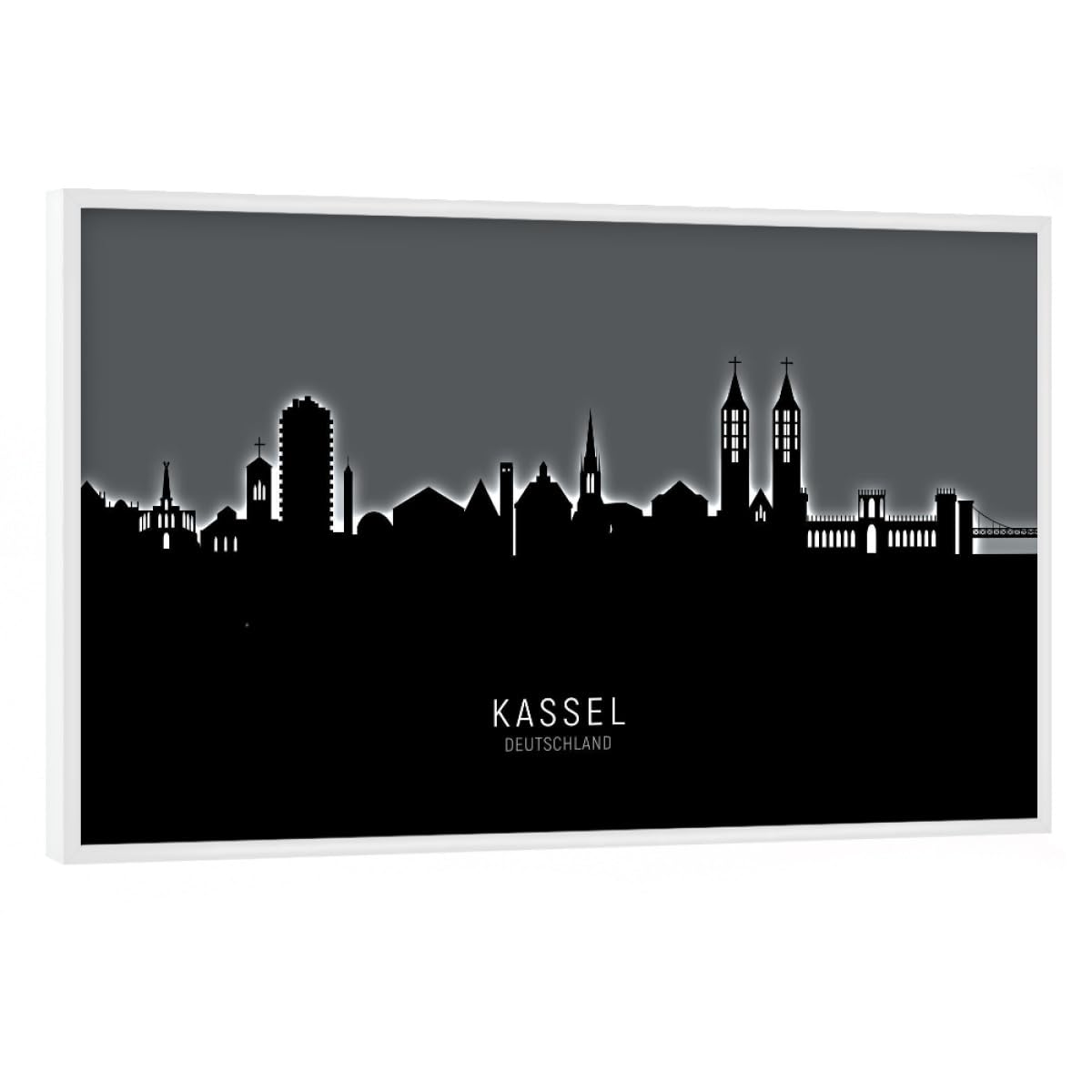 artboxONE Poster mit weißem Rahmen 75x50 cm Städte Kassel Germany Skyline Glow White - Bild Kassel